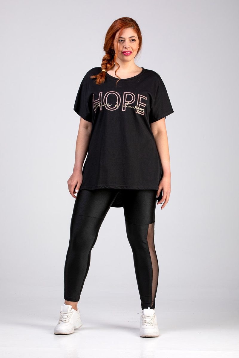 Γυναικεία μπλούζα κοντμανική μαύρη με στάμπα σε μεγάλα μεγέθη